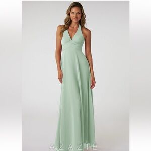 NEW Azazie Tessie Chiffon Halter Gown 
Open Back Size 0. Agave
